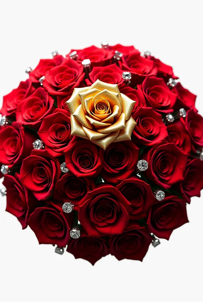 Create a round tik tok sticker a large bouquet of red roses of 15 roses with diamonds around and a gold-colored rose with an inscription "Mariya "