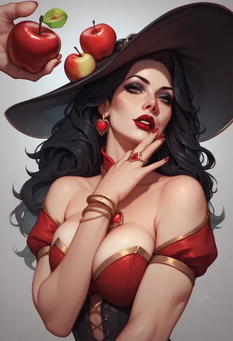 ), girl,  long black hair, Queen Black, accessories, Apple in hand,  poisoned apples,  witch queen, red lipstick, (((For