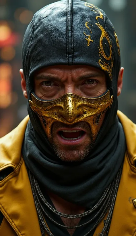 Here's a detailed prompt for generate a super realistic image of Hugh Jackman as Scorpion, with a shiny metal mask and yellow and gold details, focused on the upper body: "Close-up hiper-realista do Hugh Jackman como Scorpion, the iconic ninja specter of *...