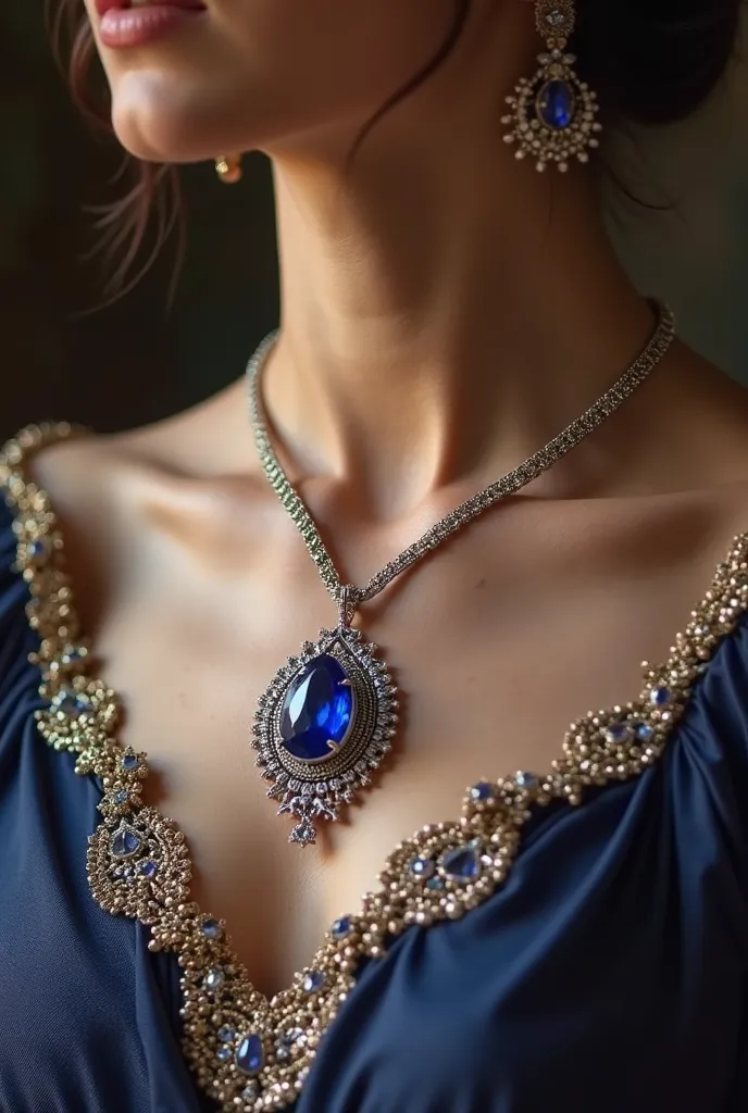 make me a persian blur sapphire necklace with silver chain for the Persian queen of 1500-1800 with less exaggeration but queen a like