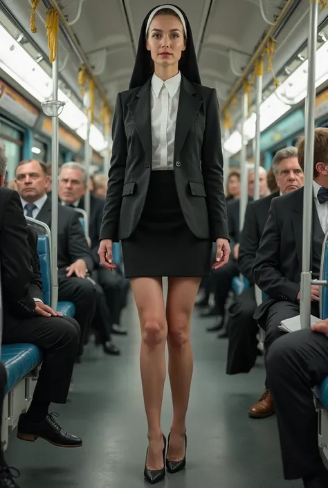 Mature nun dressed in a tailored suit with a short mid-thigh miniskirt and jacket,  12 cm high stiletto sandals without tip or heel , her natural legs without stockings,  Standing with her legs wide open , Full-body on the bus.