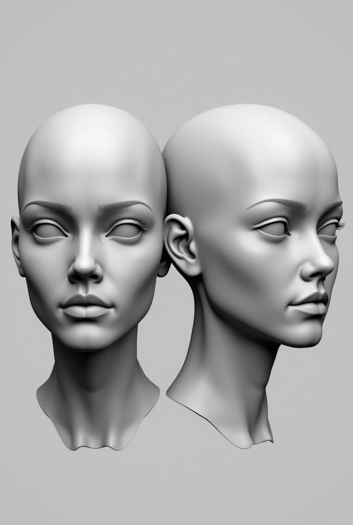 Draw two Caucasian female human heads side by side, no hair, one head with a front view and the other with a side view, zbrush 3d modeling style for reference study 