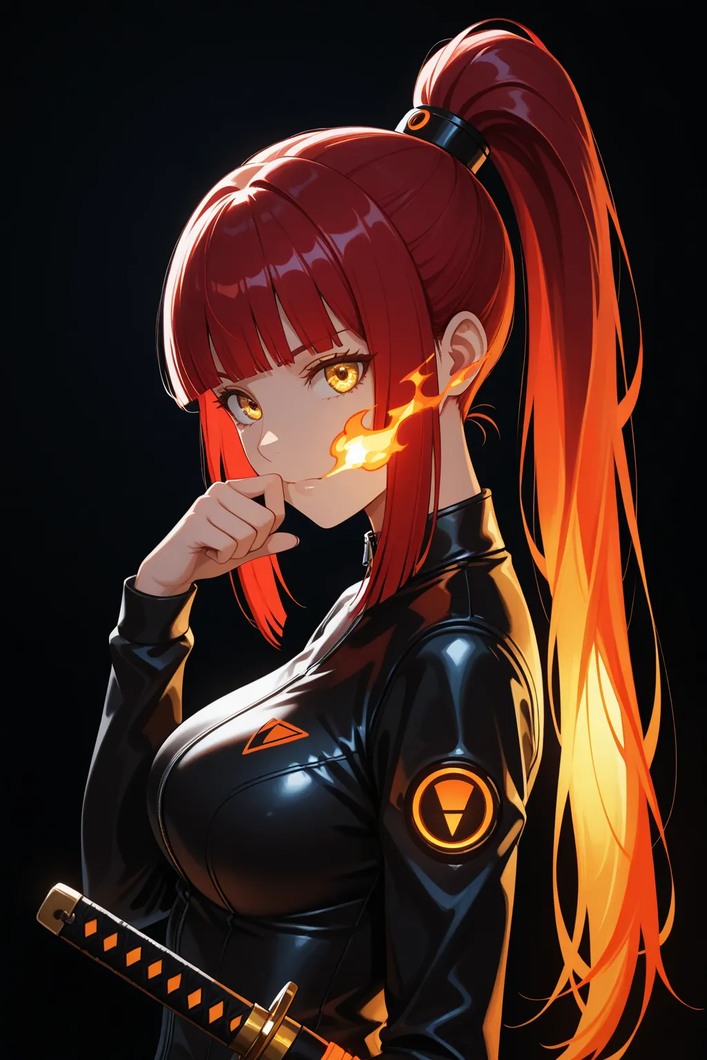 masterpiece, top quality,  feet ,  character focus , class, side angle, upper body, hime cut, long ponytail, Red hair, cybernetic,  golden eyes, I have Katana, pose, dynamic angle, focus on the face,  Viewers ,  Backlight, round background, With flaming or...