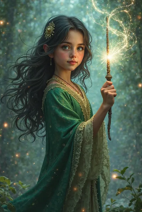 A black-haired girl with green eyes with a wand in her hand that releases sparks