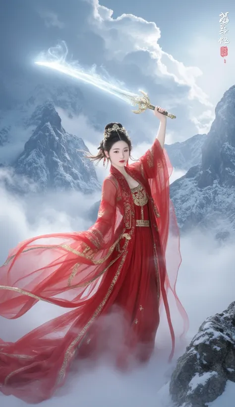 "Lady in Red Knight trekking on bamboo，Ming dyed gold horse mask dress flying，holding a gilt Tang sword reflecting cold light，background Huangshan Mountain and sea of clouds surging，