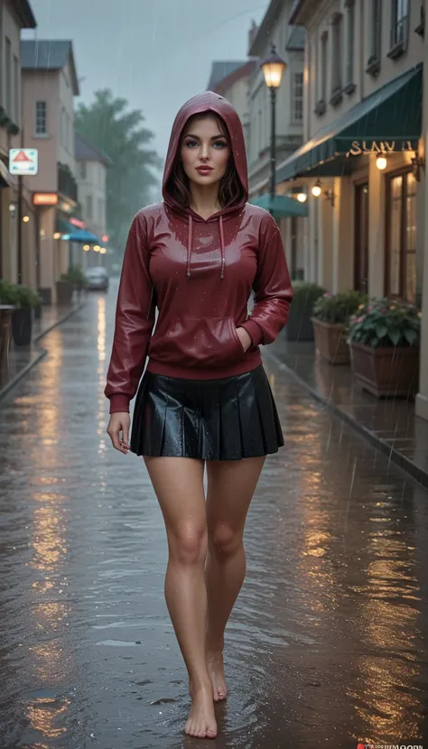 beautiful stepmom, hoodie, short skirt, walking in rain