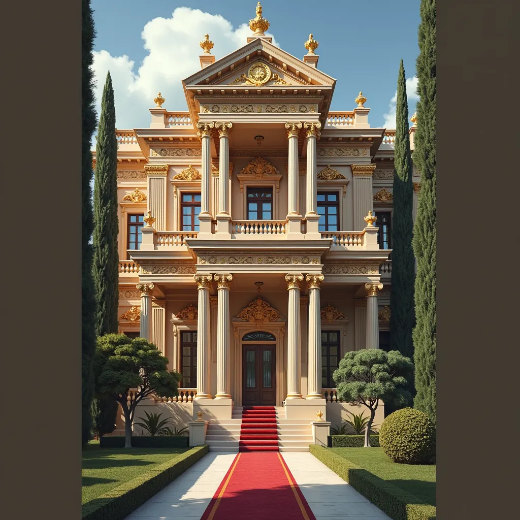 A mansion inspired by Greek, with several floors and a divine feeling, architecture with crimson red details and gold pieces.