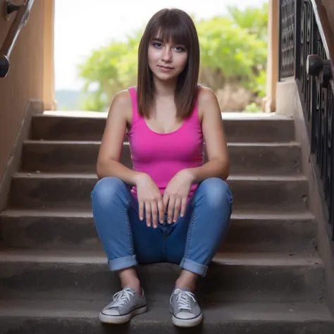 woman sits on a staircase. Has a pink blouse on.  and jeans . She's wearing sneakers.  style photorealistic ,  sharp focus, very detailed, sunlight, Detail,  full body