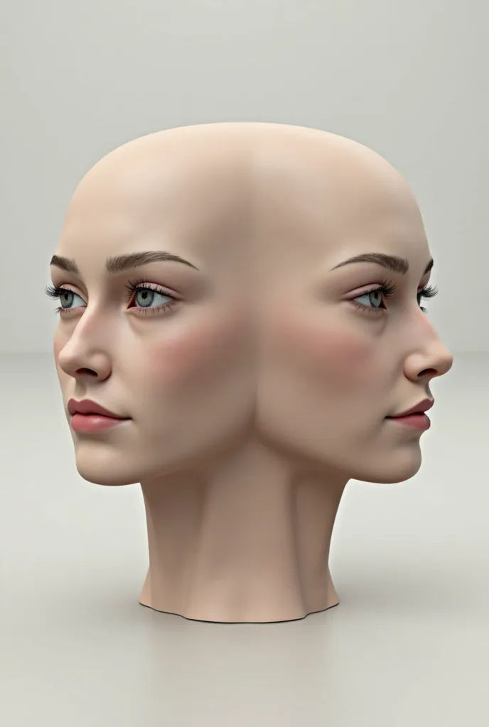 Draw two Caucasian female human heads side by side with space between them, no hair, one head with a front view and the other with a side view, zbrush 3d modeling style for reference study 