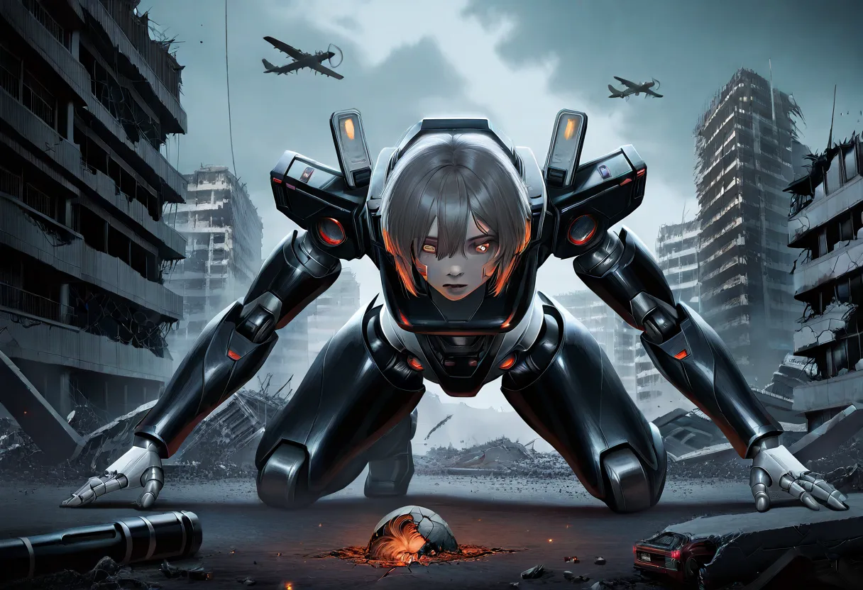 female android robot, detailed facial features, fallen on ground from plane, head inside crack hole, highly detailed, cinematic lighting, dramatic pose, dystopian sci-fi setting, cracked earth, destroyed city ruins, smoldering debris, ominous sky, 8K, phot...