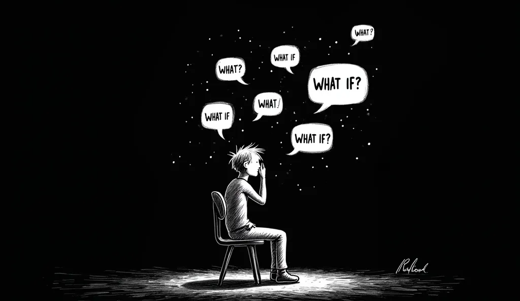 "A simple white stick figure outline of a young man sitting alone on a chair, holding his head in deep thought. Several floating 'WHAT IF?' bubbles surround him, representing overthinking. The background is minimal, slightly dim, with a few scribbles aroun...