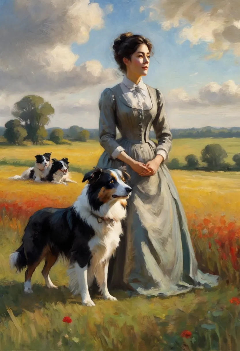 1800's high society woman breathing a sigh of relief in a field in the late afternoon, with manga art and border collie dog, Claude Monet impressionist painting style, best quality, 4k, 8k, high resolution, masterpiece: 1.2, ultra detailed, realistic, phot...