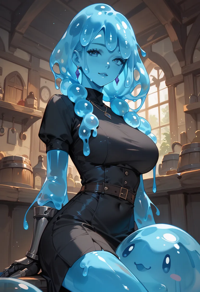 (masterpiece, high resolution, 2k resolution, best quality), (1girl, perfect anatomy, perfect face), slime girl, blue slime milf with a slime body in a black skirt, black shirt wearing metal gauntlets, in a tavern background.