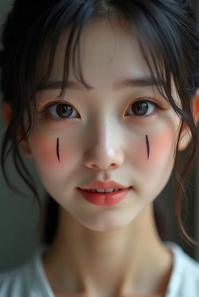 37 years old Japanese Woman，Charming and cute bare-toothed smile，Clearly visible skin texture，Clearly visible deep wrinkles，6 fishtail stripes on the left and right corners of the eye，There are tears in the corners of the nose，Eye bags