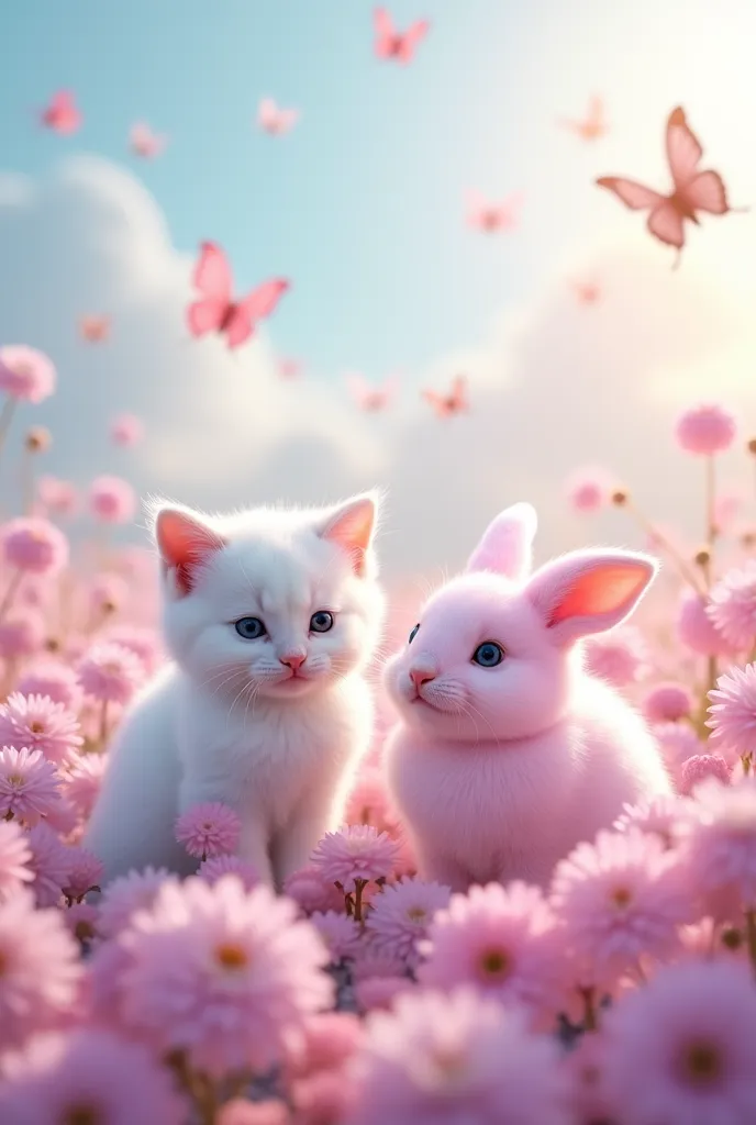 Cute white baby kitten and pink baby bunny, in the field with flowers and butterflies, celeste, purple and pink, extremely fluffy soft lighting tierno, cotton candy, vibrant colors, sunny day with clouds, baby chickens, extremely fluffy pet, pelo holográfi...