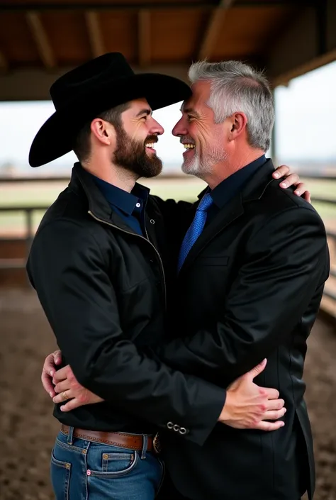 I bet,  tall and muscular, white cowboy with brown hair and cowboy style beard  ,  wearing a black zip-up jacket , a dark blue shirt and a black cowboy hat  ,   kissing and wrapping his arms around the waist  ,  a mature white man with short gray hair and ...