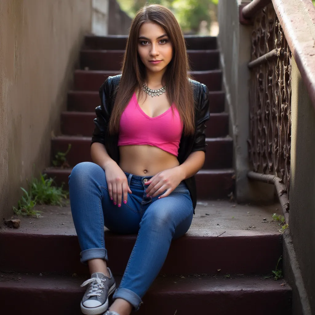 woman sits on a staircase. Has a pink blouse on.  and jeans . She's wearing sneakers.  style photorealistic ,  sharp focus, very detailed, sunlight, Detail,  full body