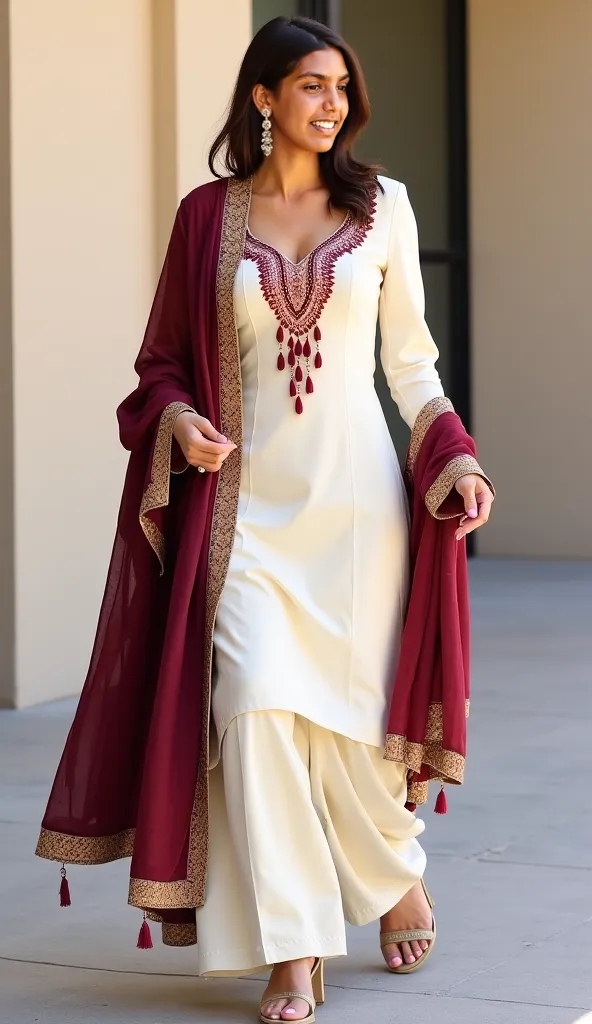 Full shot of  kim kardashian wearing a traditional Punjabi salwar kameez, show body curves,


She has shoulder-length brown hair styled to the side. She is smiling and looking slightly to her right. She is wearing a cream/off-white salwar kameez. The kamee...