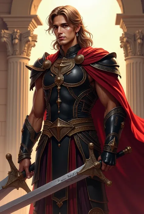 A 17-year-old Aasimar warrior with a tall, muscular build (1.87 meters). His skin has a mix of olive and golden tones, giving him a divine presence. His facial features are exceptionally handsome, blending Arab and Italian influences. His expression is cal...