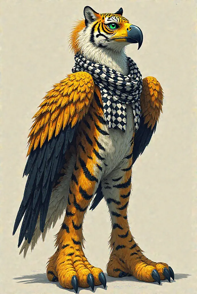 I want a female caricature mixed with a tiger and an eagle maintaining the features of both green-eyed animals with yellow and blue, with a black and white checkered scarf. Bell-bottom pants