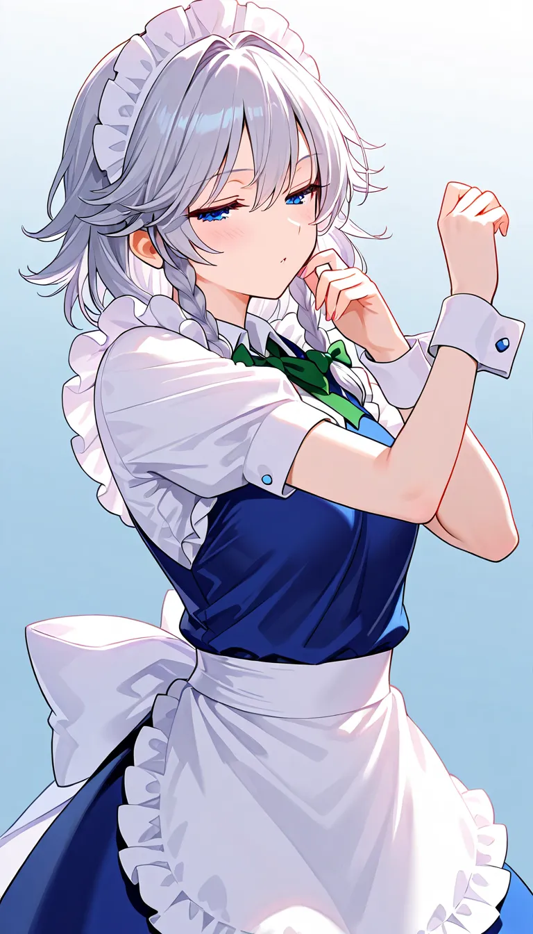 high resolution, 1girl, izayoi sakuya,  half closed eyes, blue eyes, wrist cuffs, cowboy shot,