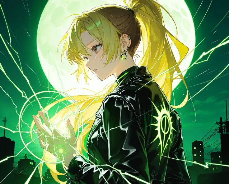 1girl, blonde, long blond golden hair gathered in a high long ponytail, ponytail hairstyle,   brown eyes, dark  brown eyes, girl in a short black leather jacket, thunderstorm girl, storm girl, lightning girl, the personification of a thunderstorm, holds gr...