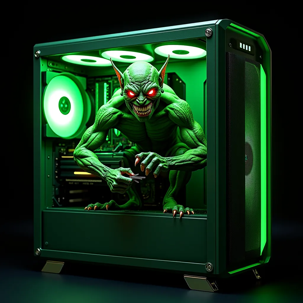 A high-tech, futuristic green desktop computer is the main focus of the image, set against a solid black background for easy cutting. The case is sleek and modern, featuring a transparent side panel that reveals intricate internal components. Inside, a pow...