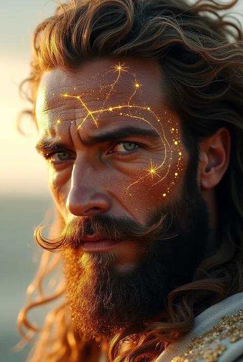 Aqui está um prompt para gerar uma imagem semelhante: *"A close-up portrait of a divine, warrior-like figure with piercing blue eyes and a strong, determined expression. His face is adorned with golden celestial markings that glow, forming intricate conste...