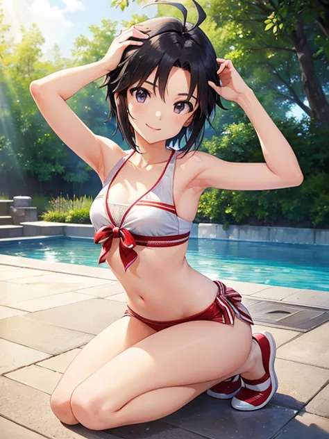 masterpiece, Highest quality, Girl 1 、Highest quality、illustrations、,short hair,  black hair, antenna hair, hair between eyes,  dark eyes, flat chest, small breasts, Kikuchi Makoto
Beautiful eyes with great attention to detail、 pool、 bench、full body、  red ...