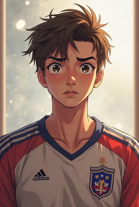 Brown-haired young man with his bangs brushed upwards wearing a soccer jersey from Chile puts on a doubtful face looking at the anime-style camera