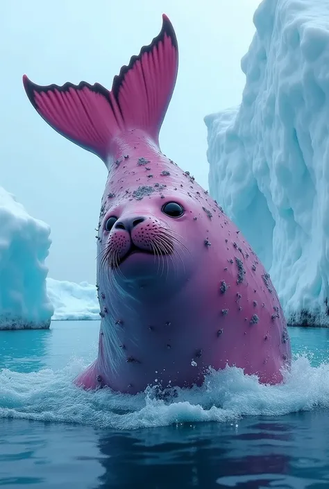 A massive pink-and-lilac flipper, covered in dark parasites, rises heavily from the frozen ocean. The seal’s enormous size is striking. Its vibrant pink skin glows against the icy blue water. Jagged neon-blue icebergs float in the background, reflecting me...