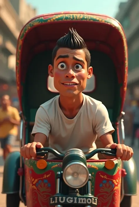 
"Cristiano Ronaldo sitting in a Pakistani Rickshaw, looking confused. He is wearing a casual T-shirt and speaking Urdu fluently. The video should be funny, with exaggerated facial expressions and smooth lip-syncing to the voice. The background should look...