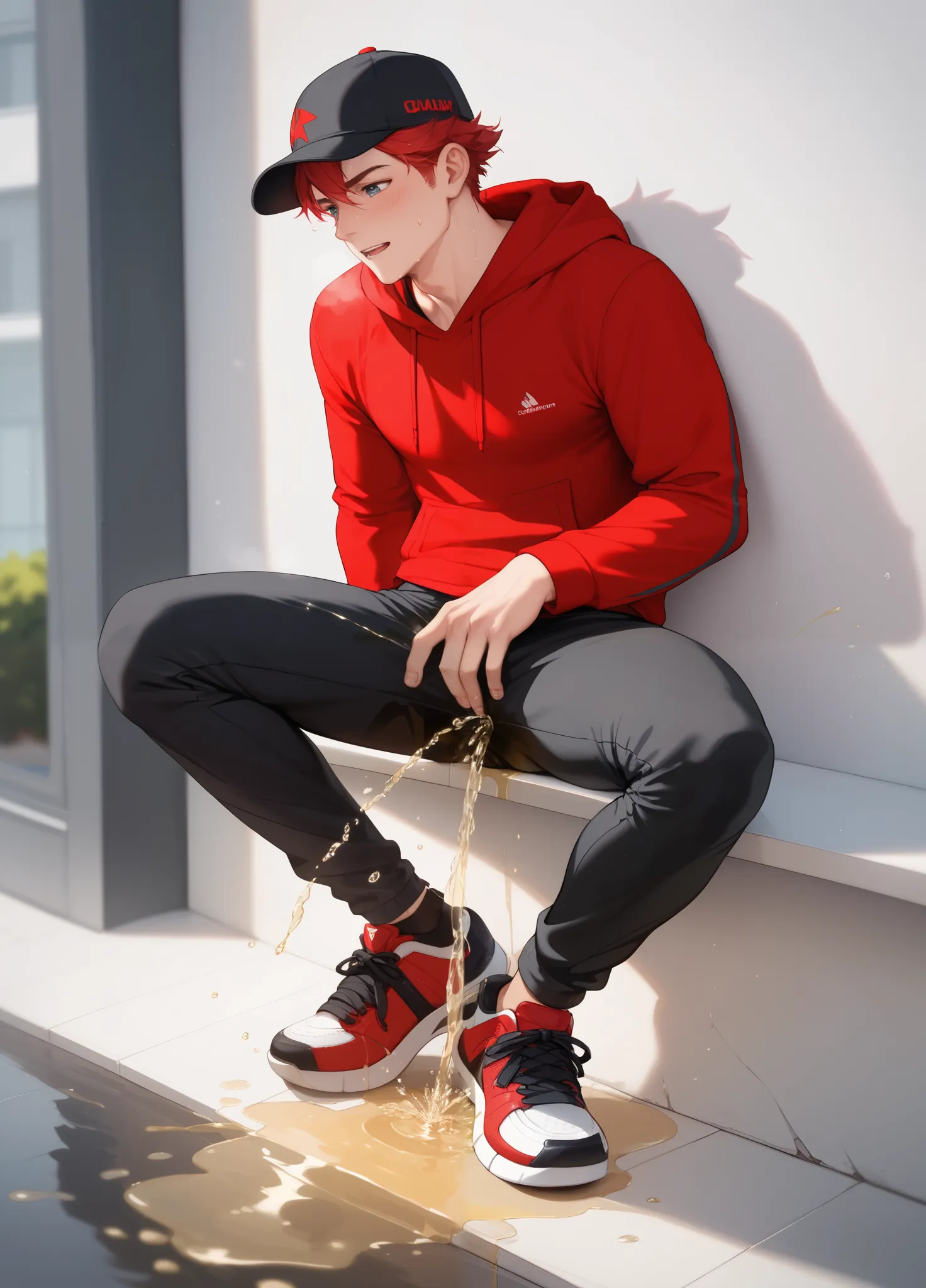 LiaqN.Red haired man.Handsome.Wearing a red hoodie cap black skinny pants Hi Top Sneakers.He couldn't hold his pee.There is a large pee wet spot on his crotch.Pee stain on his pants.Pee wet spot on his crotch.He is ashamed of peeing himself