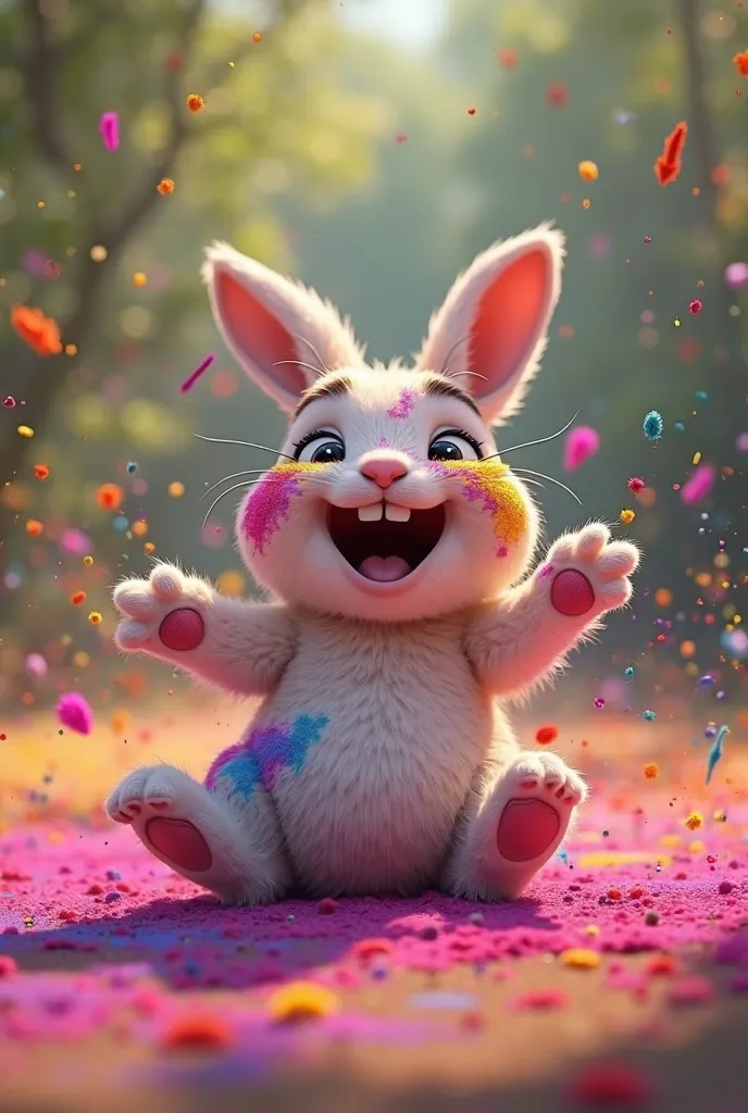 in 3d animation style "rabbit laughing and rolling on the ground, covered in bright Holi colors."

