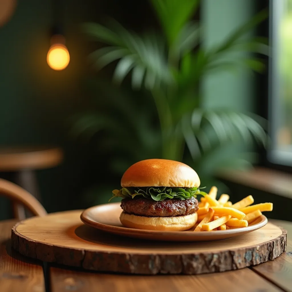 "A cozy, green-themed café with warm, earthy tones and lush greenery in the background. A rustic wooden table holds a simple yet inviting setup: a wooden plate featuring two soft burger buns with a single, smashed, juicy beef patty perfectly centered betwe...