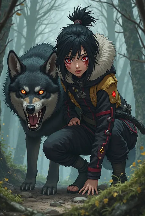 Masashi Kishimoto ART style, anime studio Aniplex, soft colorful, Shinobi, female, wearing a black and gold flak jacket with fur-lined details, inspired by the Inuzuka clan aesthetics. Wild, unkempt dark hair, red fang markings on her cheeks, sharp beast-l...