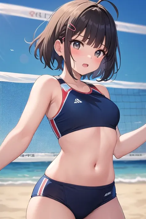 ((top quality)), ((masterpiece)), (Details),  1 girl。blunt bangs。Short Hair。braided ponytail。ahoge。Cute hair clip。 look so young。(small breasts)。(moving composition)。 beach volleyball。Sports swimwear。receive。