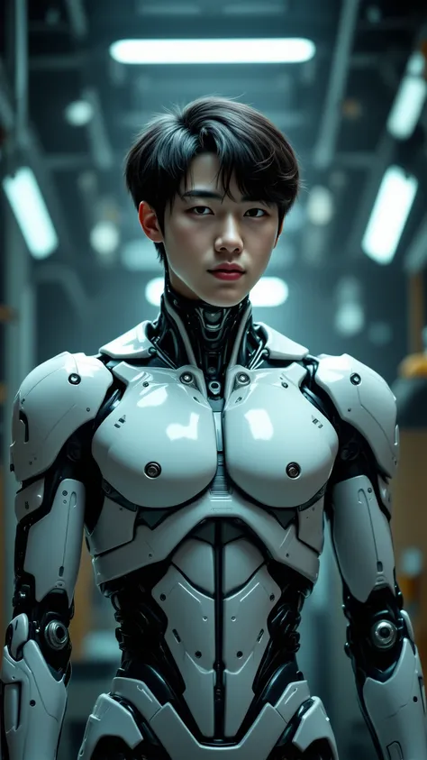 （2 x 185 cm Korean handsome male star high school student bionic robot），(Chest Full )，（STEREO ABDOMINAL MUSCLE），（ delicate cute face ），（Fragmented cap hairstyle），inverted triangle figure with prominent foreground，Five-Toe ， five fingers，Crotch Full of Deta...