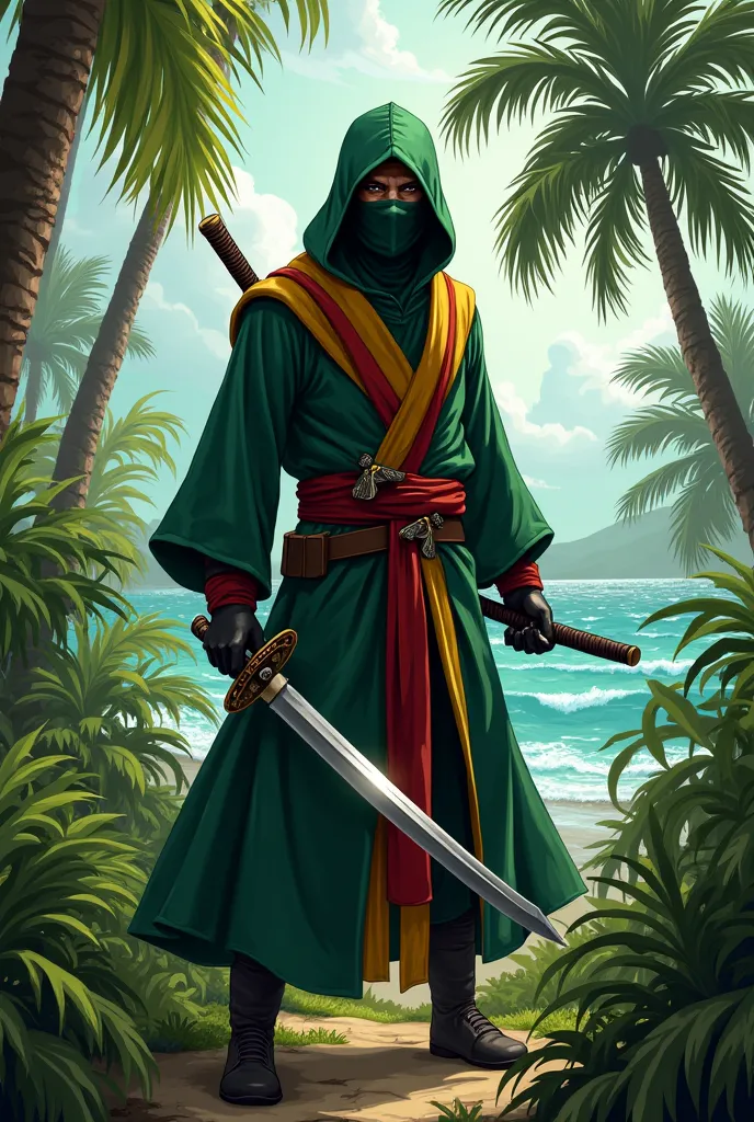 Grenada as a male ninja wearing green, red and yellow 