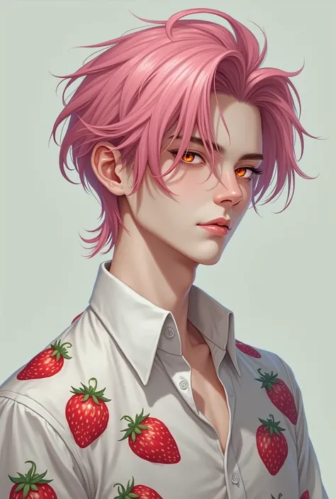 Pale skin, pink hair, orange eyes, tall, male wearing a white button up under a strawberry blouse, and very stylish