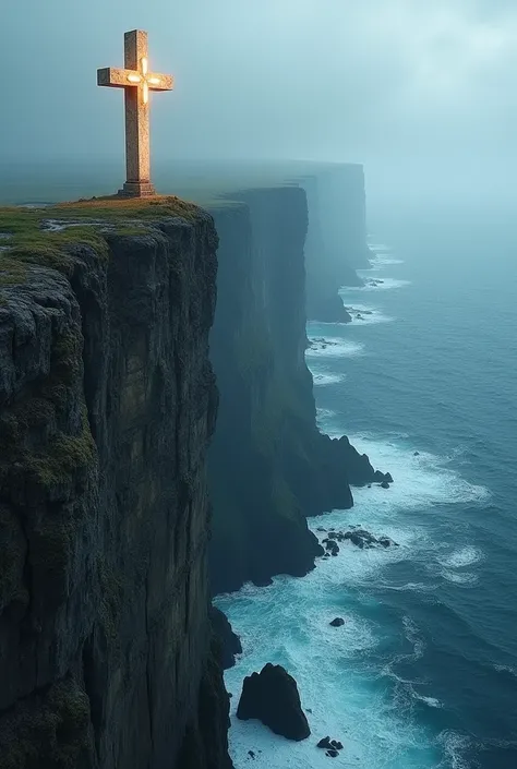 A towering cliff overlooks an infinite ocean, where waves crash gently against the rocks below. At the cliff’s peak stands an ancient Cross carved from luminous stone, glowing faintly with divine energy. A cool breeze carries the scent of fresh rain and my...