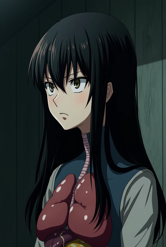 Krasue's Floating Black Long-Haired Female Head,  angry face, Looking at the viewer, Neck is connected to (lungs, heart,  liver , Grocery Store, Small Intestine and Large Intestine), as Krasue's Most Powerful Anime Villain, Inside the Dark House,  side vie...