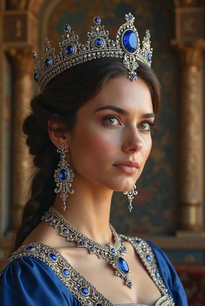 make me 3 persian blur sapphire crown with silver chain for the Persian queen of 1500-1800 with less exaggeration but queen a like make it a little more interesting 