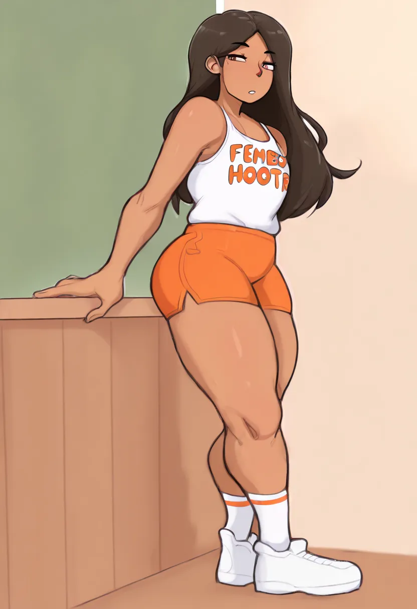 art by dross, artist:dross, best quality, masterpiece, 1boy, no bangs, brown skin, black hair, long hair, brown eyes, femboy hooters, focus, rating_safe, safe for work, cute, full body, 1 guy, thick and curvy