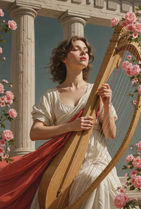 Painting of a woman playing the harp with pink flowers around her, face centered, white and red toga, background of the image Roman temple, Roman Empire