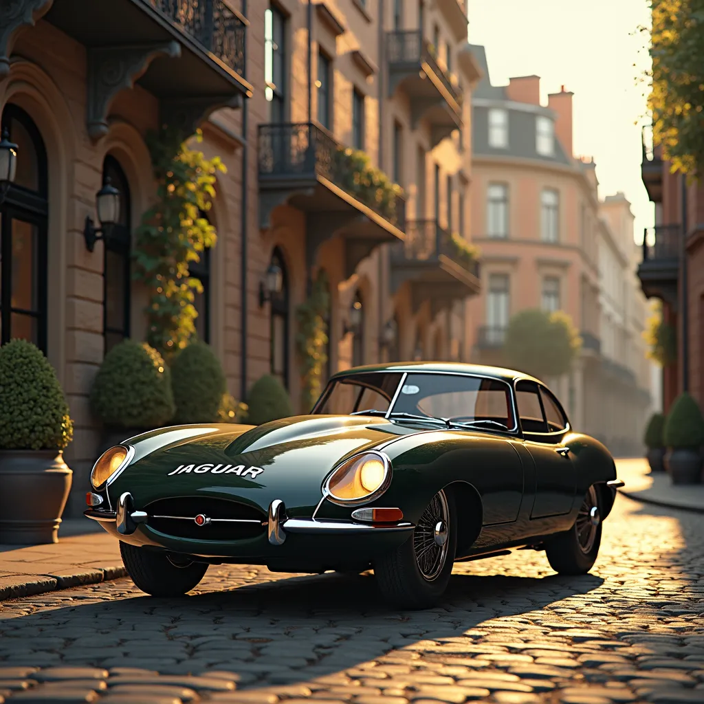 1965 Jaguar E-Type,photo shoot,old British penthouse,detailed vintage sports car,realistic automotive photography,ornate exterior architecture,elegant classic car,dramatic natural lighting,cinematic moody atmosphere,textured brick walls,cobblestone road,hi...