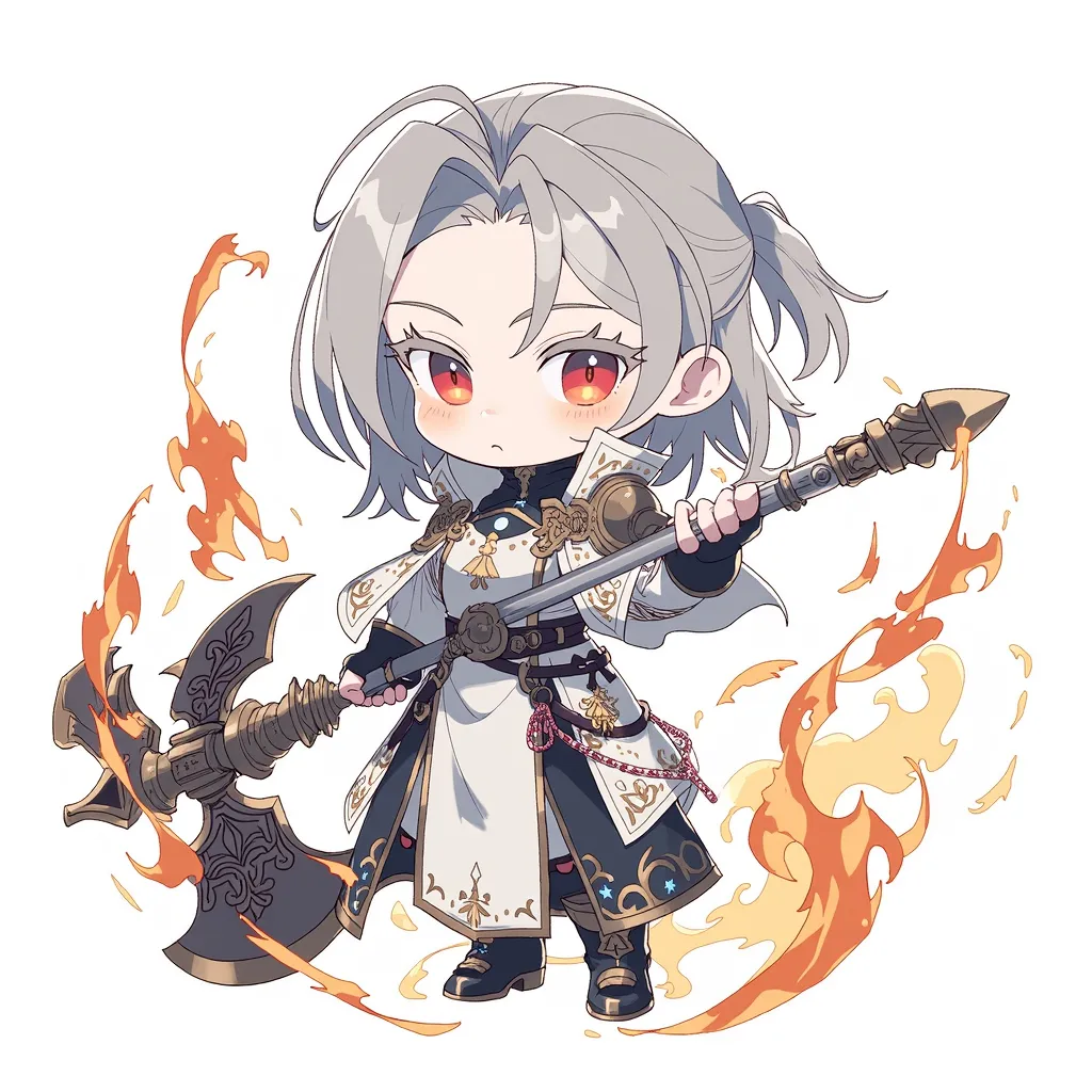 Combatant Priest  , blue flame, red flame, ax, white priest's uniform, white background, 