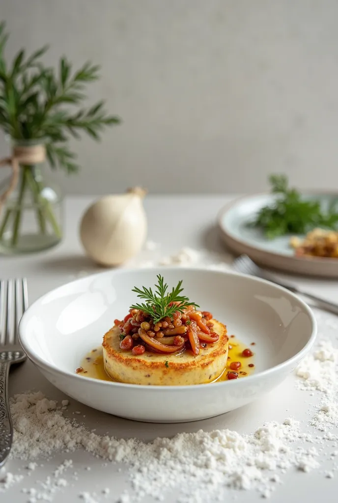 A beautiful aesthetic and simple dish, next to a couple of ingredients for a dish, kitchen table slightly covered in flour. Without people in the background and photos, ultra-realistic photo, super appetizing