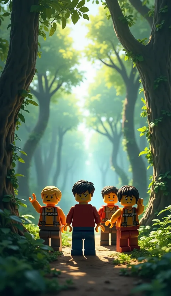 A digital illustration of five LEGO characters – Mon, Thiện, Hưng, Ben, and Tôm – standing in a dense, mysterious forest. The environment is lush with towering trees, vines, and misty air. Mon looks excited, pointing at the beautiful scenery, while Tôm app...