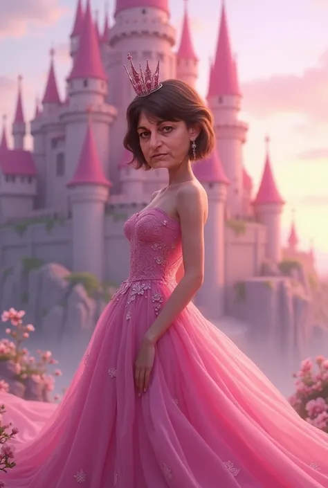 Beautiful queen short hair brown pink dress in front of her pink castle 